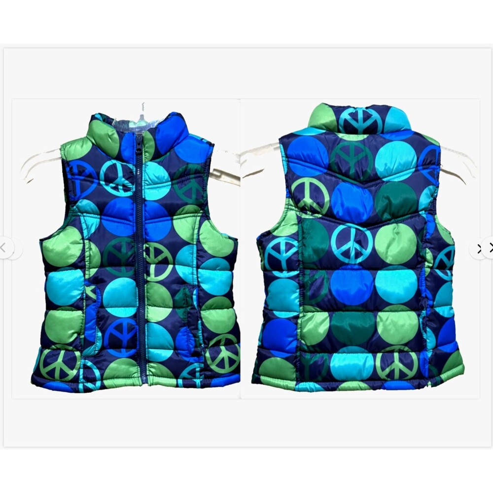 Old Navy Girls Puffer Vest XS Blue Green Peace Sign Bubble Y2K Retro Zip Coat